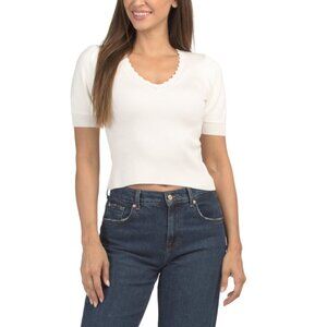 MARLED Egret Puff Sleeve V-neck Sweater With Pointelle Trim